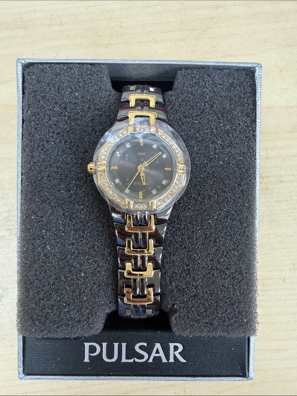 Pulsar Two-Tone Black Dial Women's Bracelet Watch iwith Crystal Bezel NWT